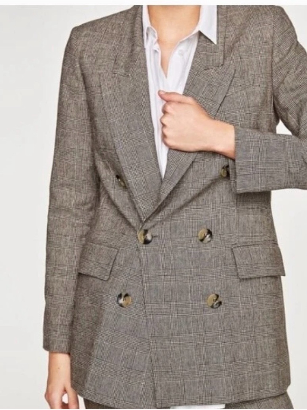 Zara Double-Breasted Glen Plaid Blazer - Brown Oversized